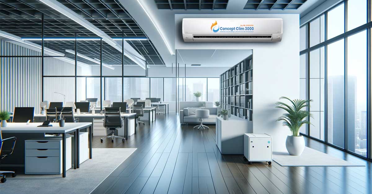 The image featuring a modern office with an impeccably clean air-conditioning unit is ready. This illustration highlights a professional, clean and well-maintained workspace, emphasizing the importance of air quality and energy efficiency, while promoting a healthy and productive working atmosphere. Illustration of the importance of cleaning an air conditioner. ConceptClim and Clim3000
